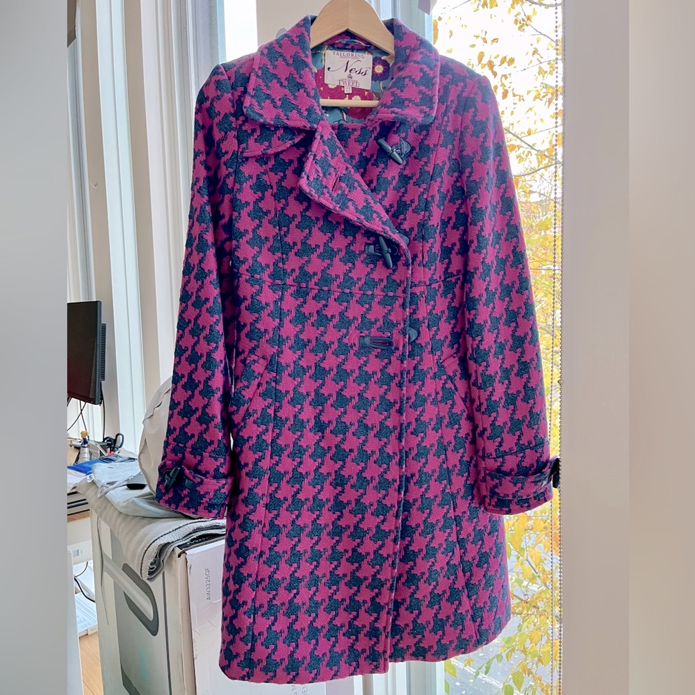 Ness blue and pink houndstooth woolen coat